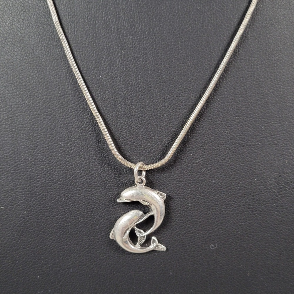 Sterling Silver Double Dolphin Pendant Necklace Italy Snake Chain Nautical